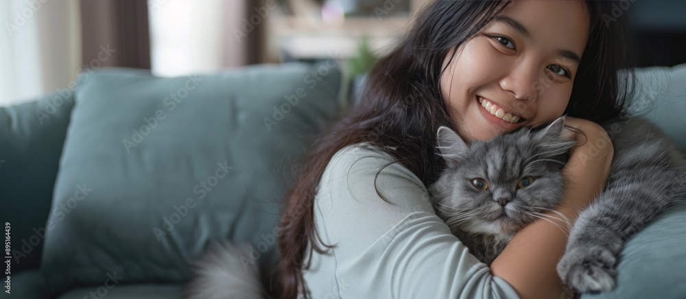 woman hugging cute grey persian cat on couch woman hugging cute grey persian cat on couch