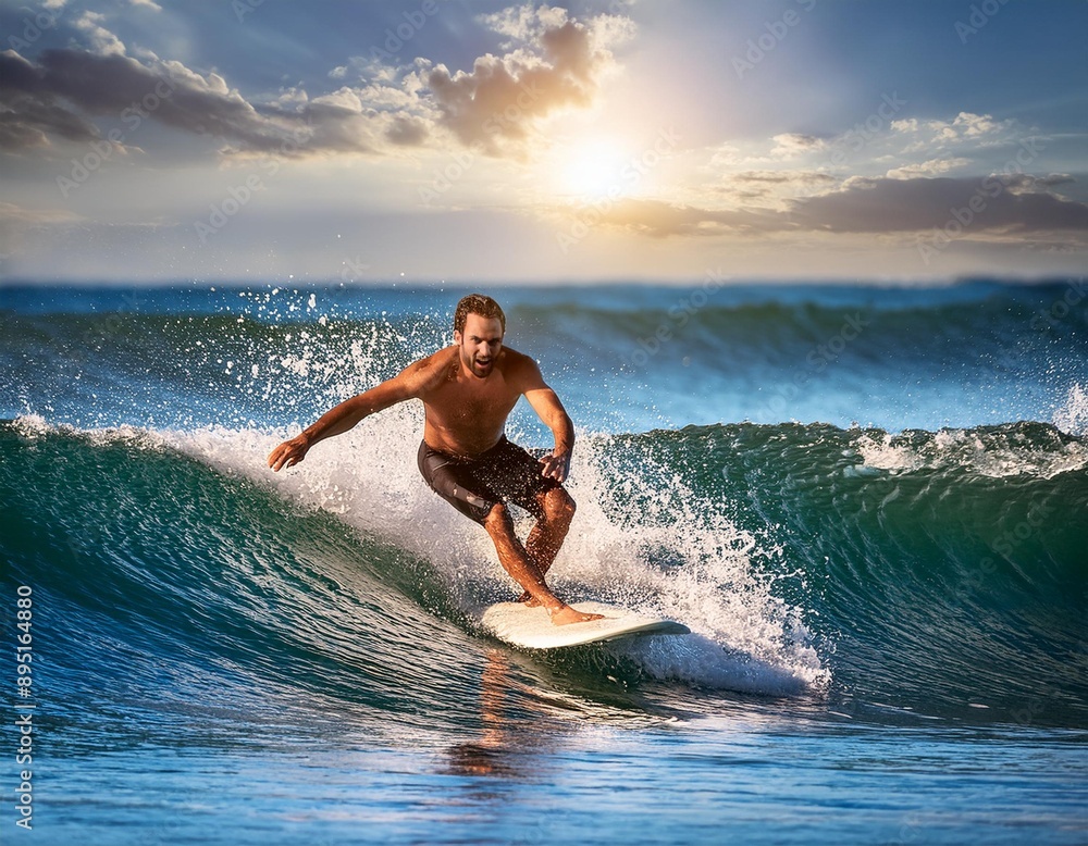 A surfer catching a wave, riding smoothly on a surfboard with the sun glistening on the water A surfer catching a wave, riding smoothly on a surfboard with the sun glistening on the water