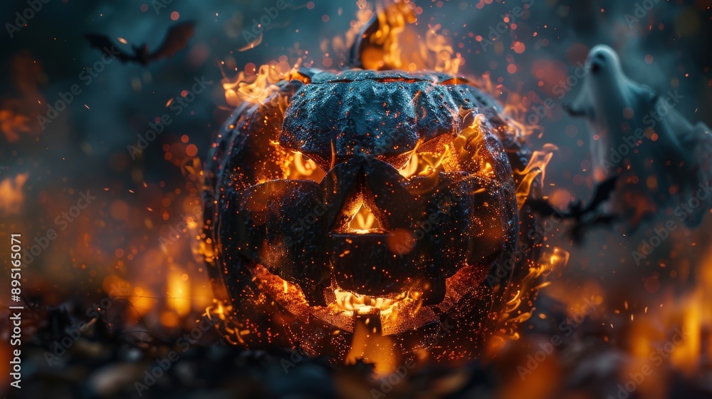 Close-up of a Halloween wooden sign with flaming letters, set in a dimly lit scene with a dark ancient castle, bats, ghosts, and terrifying pumpkins. Close-up of a Halloween wooden sign with flaming letters, set in a dimly lit scene with a dark ancient castle, bats, ghosts, and terrifying pumpkins.