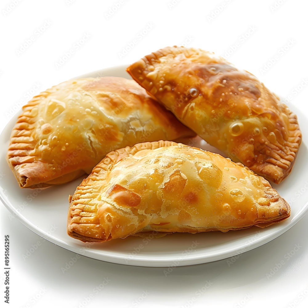 Three baked empanadas on a white plate Three baked empanadas on a white plate