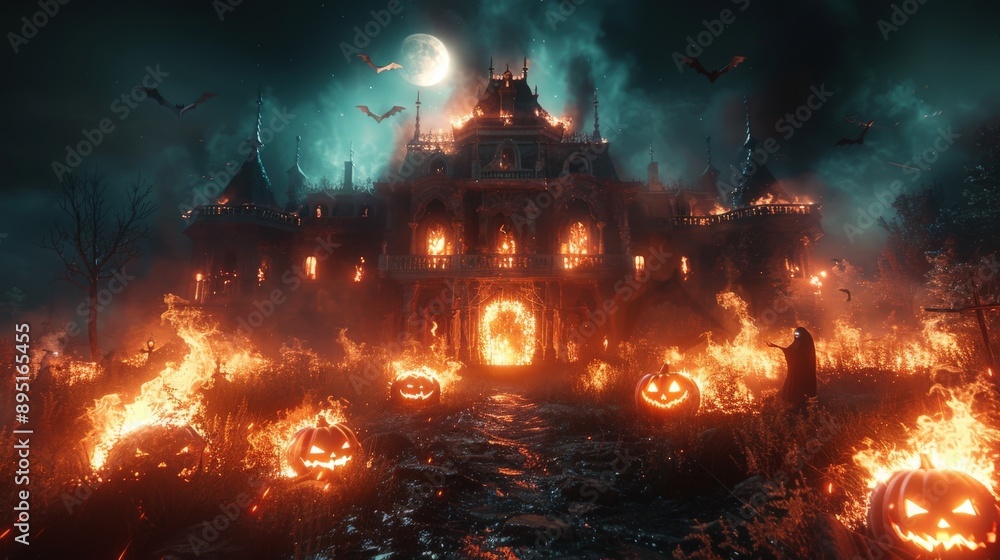 Close-up of a Halloween sign emitting flames, set against a dark ancient castle, dim moonlight, bats, ghosts, and terrifying pumpkins. Close-up of a Halloween sign emitting flames, set against a dark ancient castle, dim moonlight, bats, ghosts, and terrifying pumpkins.