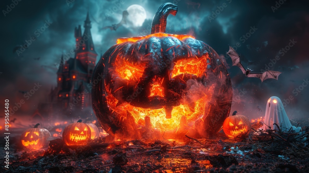 A flaming Halloween sign, dark ancient castle, bats, ghosts, and pumpkins under dim moonlight creating a spooky atmosphere. A flaming Halloween sign, dark ancient castle, bats, ghosts, and pumpkins under dim moonlight creating a spooky atmosphere.