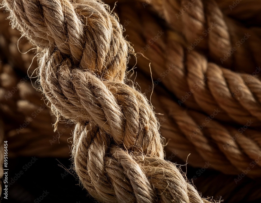 Coarse, fibrous jute rope with visible strands and twists. Coarse, fibrous jute rope with visible strands and twists.