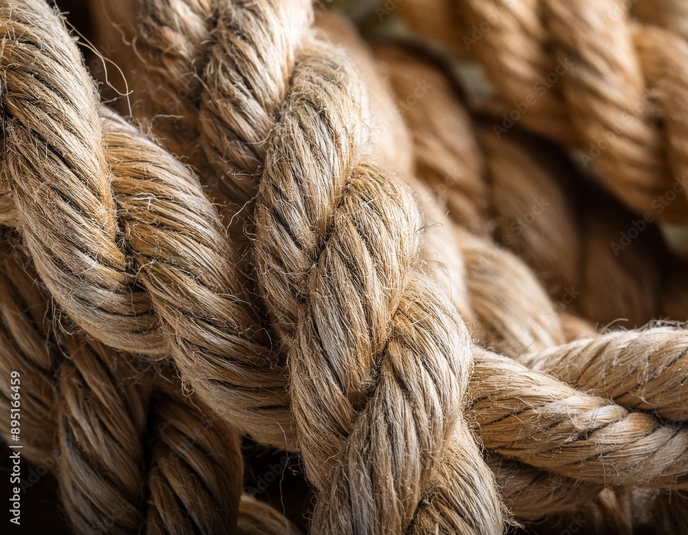 Coarse, fibrous jute rope with visible strands and twists. Coarse, fibrous jute rope with visible strands and twists.