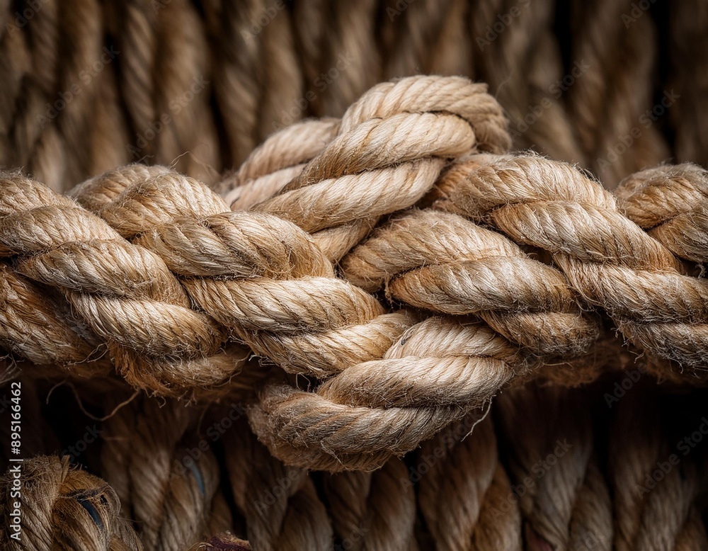 Coarse, fibrous jute rope with visible strands and twists. Coarse, fibrous jute rope with visible strands and twists.
