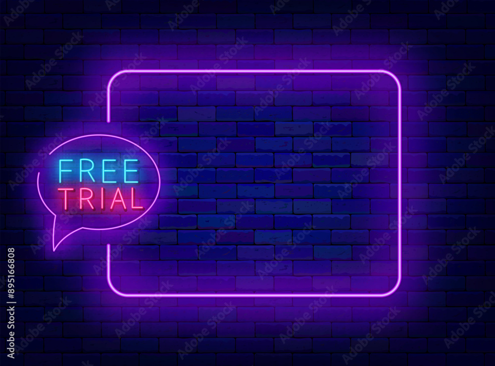 Free trial neon poster. Discount for membership. Empty purple frame and speech bubble. Vector stock illustration Free trial neon poster. Discount for membership. Empty purple frame and speech bubble. Vector stock illustration