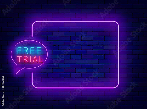 Free trial neon poster. Discount for membership. Empty purple frame and speech bubble. Vector stock illustration