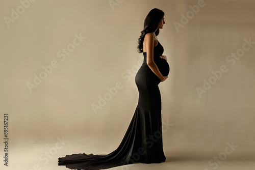 Portrait profile of a pregnant woman in a black dress in studio photo