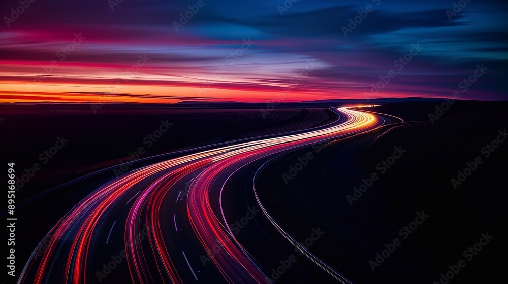 Wavy highway to horizon with long exposure traffic trails and sunset sky. Generative ai Wavy highway to horizon with long exposure traffic trails and sunset sky. Generative ai