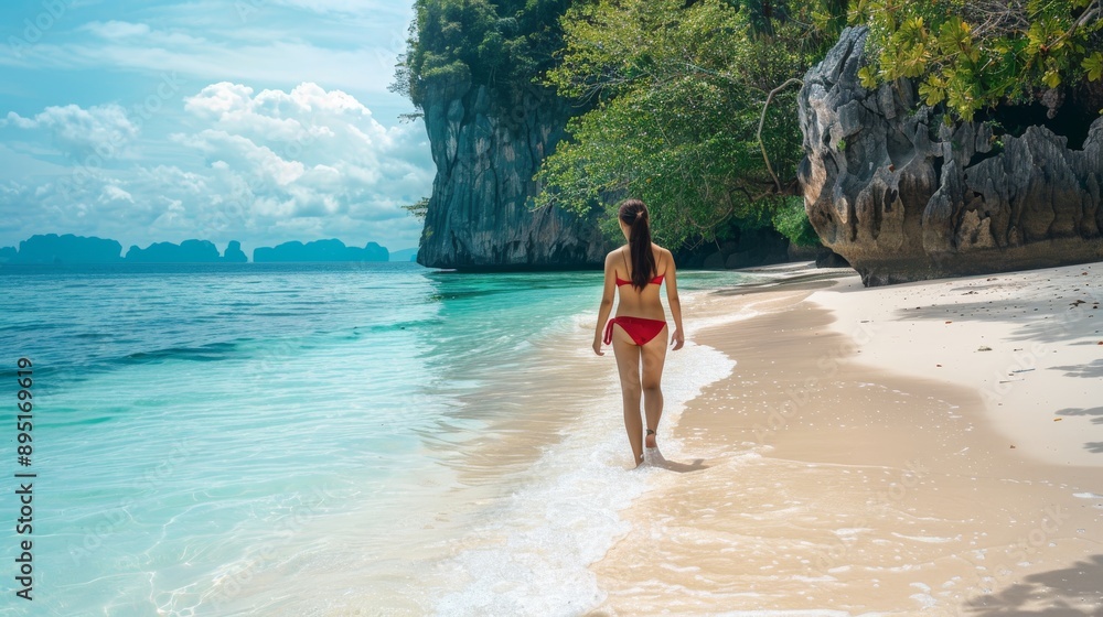 Obraz premium Asian woman in a chic bikini walking through shallow water with islands in the distance
