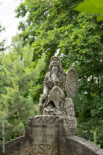 A statue of an angel looking at the sky. It is old and made of stone, the background is green trees