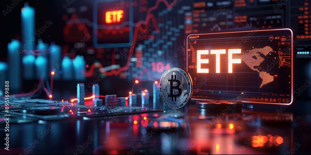 Digital visualization of cryptocurrency ETFs featuring Bitcoin amidst complex market analysis charts. Digital visualization of cryptocurrency ETFs featuring Bitcoin amidst complex market analysis charts.