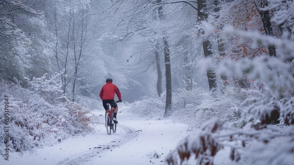 Cyclist riding through a snowy mountain trail Cyclist riding through a snowy mountain trail