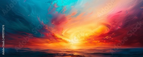 Hanging painting of an abstract sunset, with vibrant colors blending seamlessly