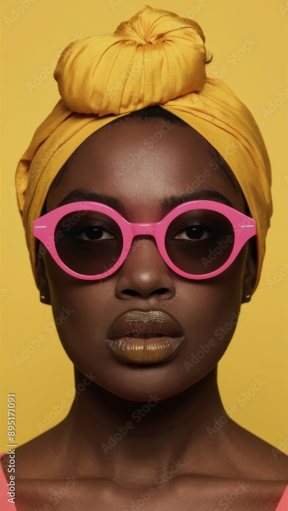Bold Fashion Portrait of Woman with Yellow Turban and Pink Sunglasses on Yellow Background Bold Fashion Portrait of Woman with Yellow Turban and Pink Sunglasses on Yellow Background