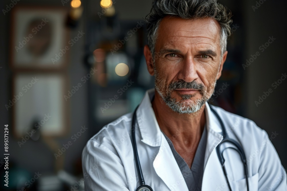 Handsome male doctor in white coat and with stethoscope on background of his office Handsome male doctor in white coat and with stethoscope on background of his office