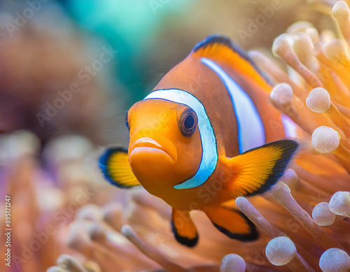 Close-up of a beautiful anemonefish or clown fish (Amphiprion ocellaris) swimming gracefully