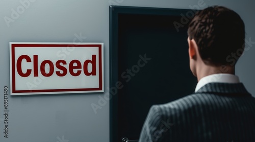 A business professional stands in front of a closed door, symbolizing opportunity lost or a waiting moment for a new chance.