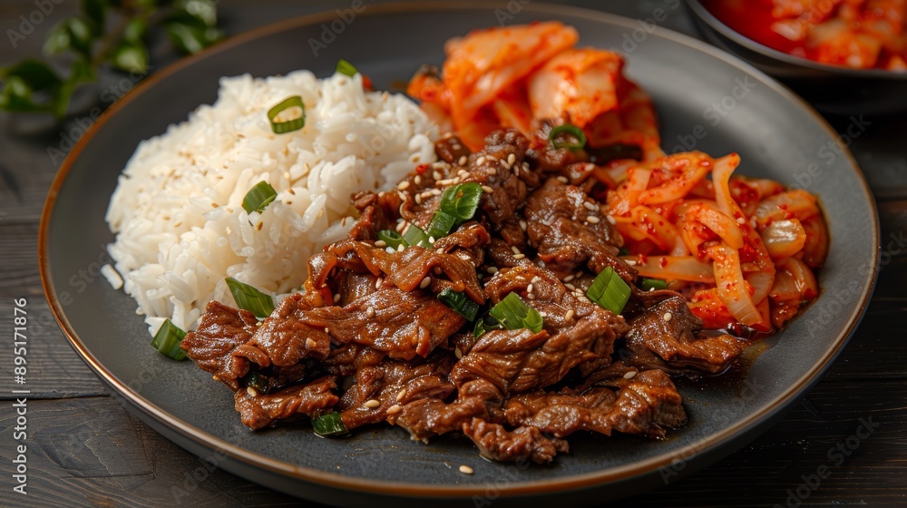A delicious plate featuring savory beef, fluffy rice, and spicy kimchi, perfect for showcasing Asian cuisine. A delicious plate featuring savory beef, fluffy rice, and spicy kimchi, perfect for showcasing Asian cuisine.