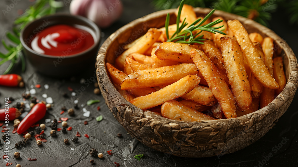 Golden crispy french fries in rustic bowl with herbs and spices, served with ketchup. Concept of comfort food, snacking, and culinary indulgence.