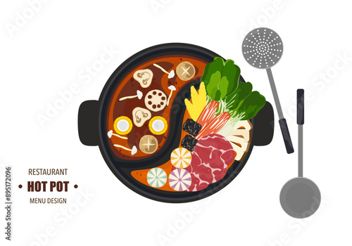 Vector set of Shabu food, Hot Pot, various spices. Tom Yum soup and vegetables cooked in a hot pot With kitchen utensils. Top view. Isolated on white background. For elements in designing food menus