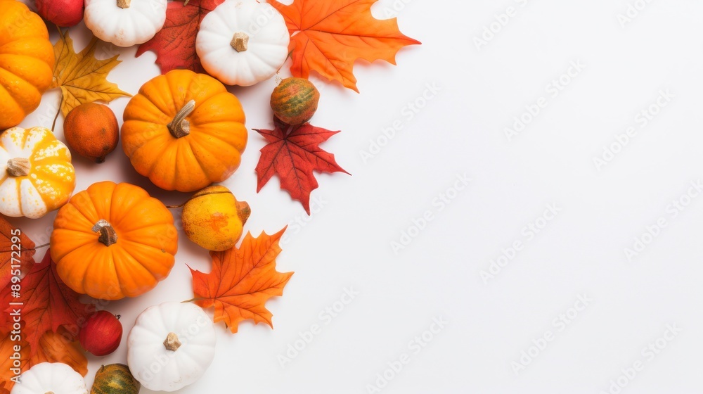 Autumn background with pumpkins and leaves on white background Autumn background with pumpkins and leaves on white background
