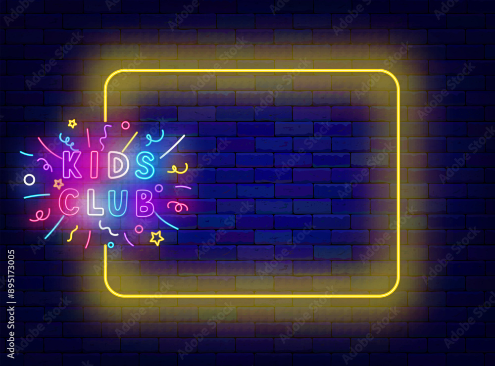 Kids party neon advertising. Empty yellow frame and typography with confetti explosion. Vector stock illustration Kids party neon advertising. Empty yellow frame and typography with confetti explosion. Vector stock illustration