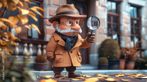 3D cartoon illustration of a private detective holding a magnifying glass and wearing a coat investigating a case outdoors