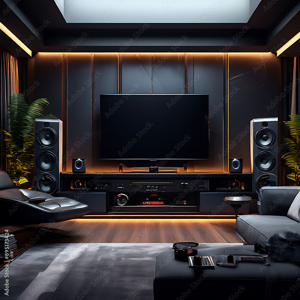 Fototapeta premium studio home theatre system luxury dark grey black speakers subwoofers