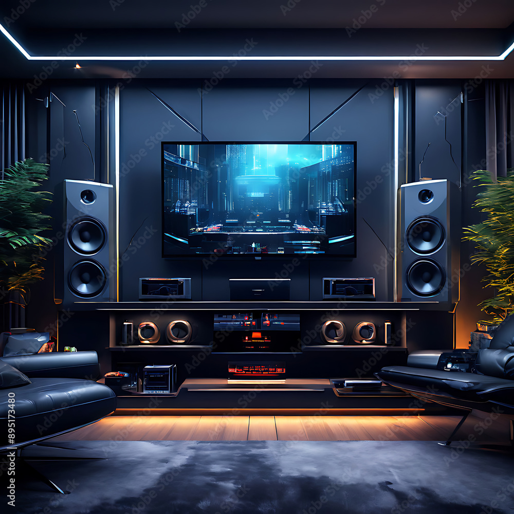 Fototapeta premium home theatre system tower speakers subwoofers dark grey black theme modern