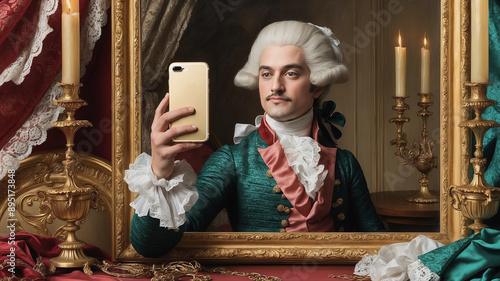 A marquis in a Renaissance wig takes a selfie.