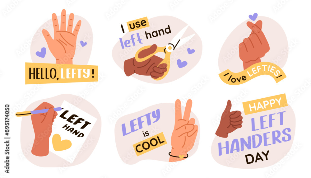 Left handers day stickers. Group of vector illustration of left hand ...