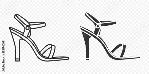 Flat Vector Linear and Silhouette High-heeled Sandals Icon Set Isolated. Footwear Symbol Set, Design Template, Clipart. Vector Illustration