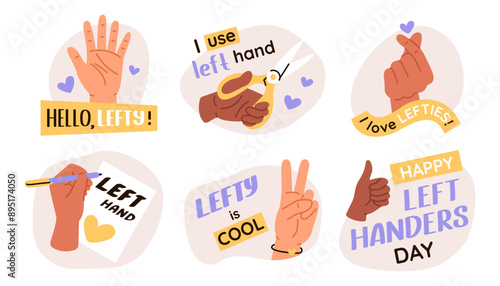 Left handers day stickers. Group of vector illustration of left hand. Concept of celebration lefty people day.