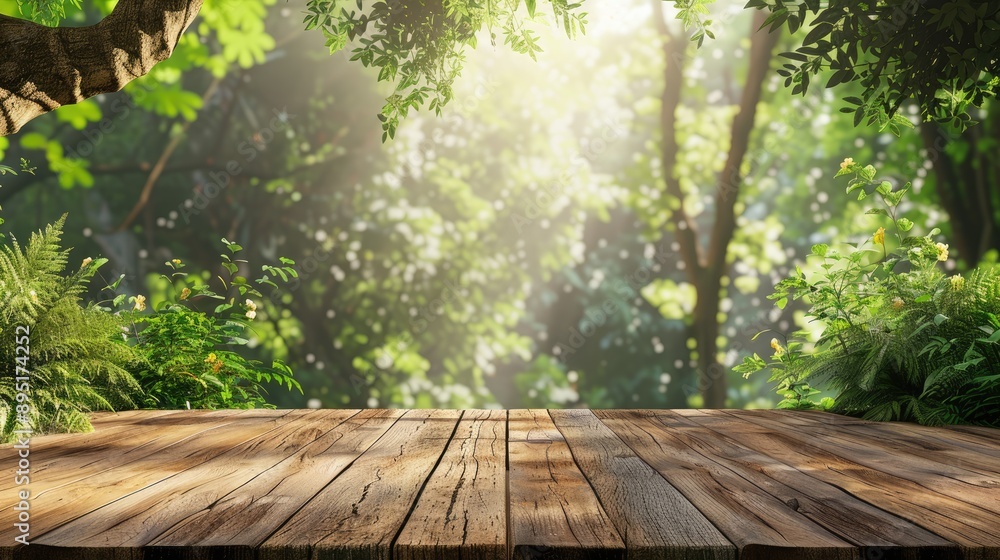 Nature backdrop with wooden deck for product display Nature backdrop with wooden deck for product display