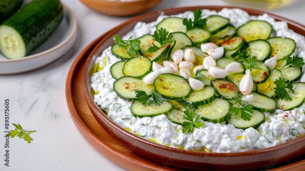 A fresh cucumber salad topped with herbs and nuts, perfect for healthy meals and summer gatherings. A fresh cucumber salad topped with herbs and nuts, perfect for healthy meals and summer gatherings.