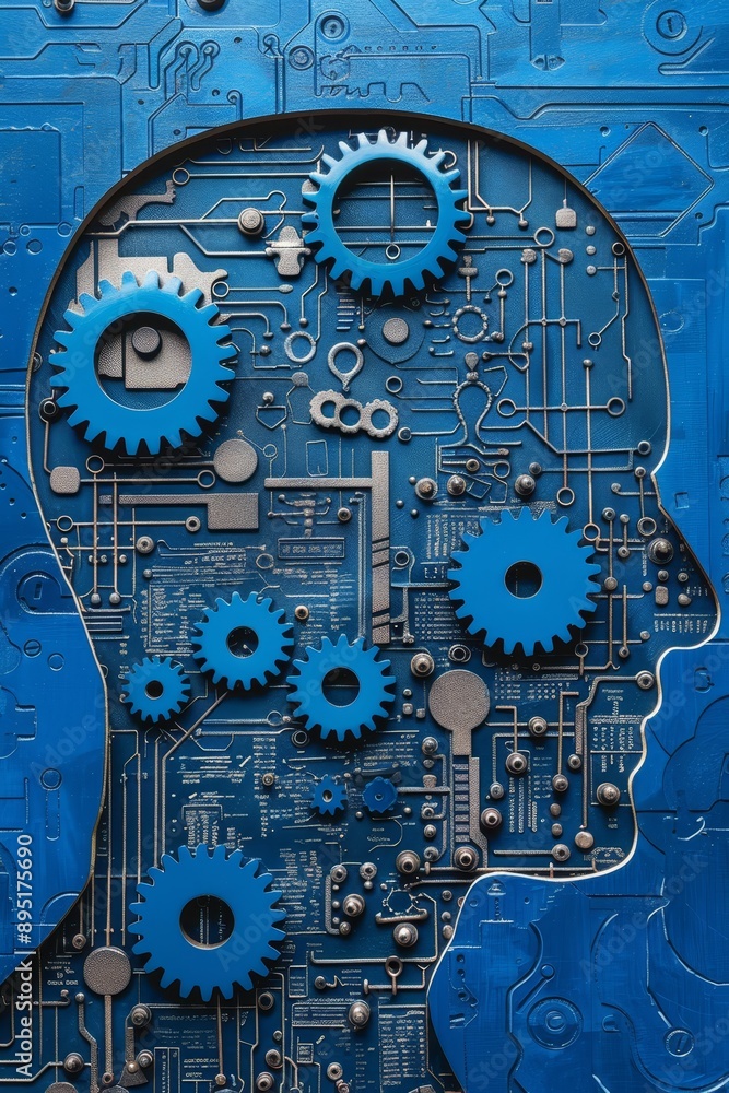 Fototapeta premium Blue Circuit Board with Gears Forming a Human Head Silhouette, Depicting AI and Technology