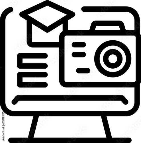 Online photography course is represented by a camera and graduation hat displayed on a computer monitor