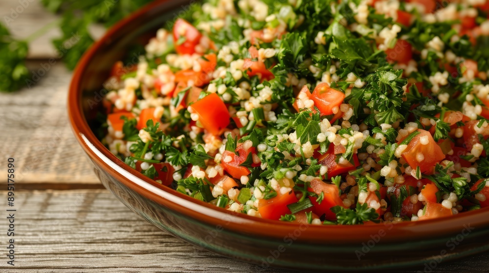 A vibrant bowl of fresh tabbouleh salad featuring parsley, tomatoes, and bulgur, perfect for healthy meals and gatherings. A vibrant bowl of fresh tabbouleh salad featuring parsley, tomatoes, and bulgur, perfect for healthy meals and gatherings.