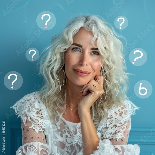 Pondering Mature Woman with Question Marks, Portrait of a Thoughtful Middle-Aged Lady photo