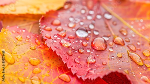 Detailed raindrops glistening on vibrant fall foliage