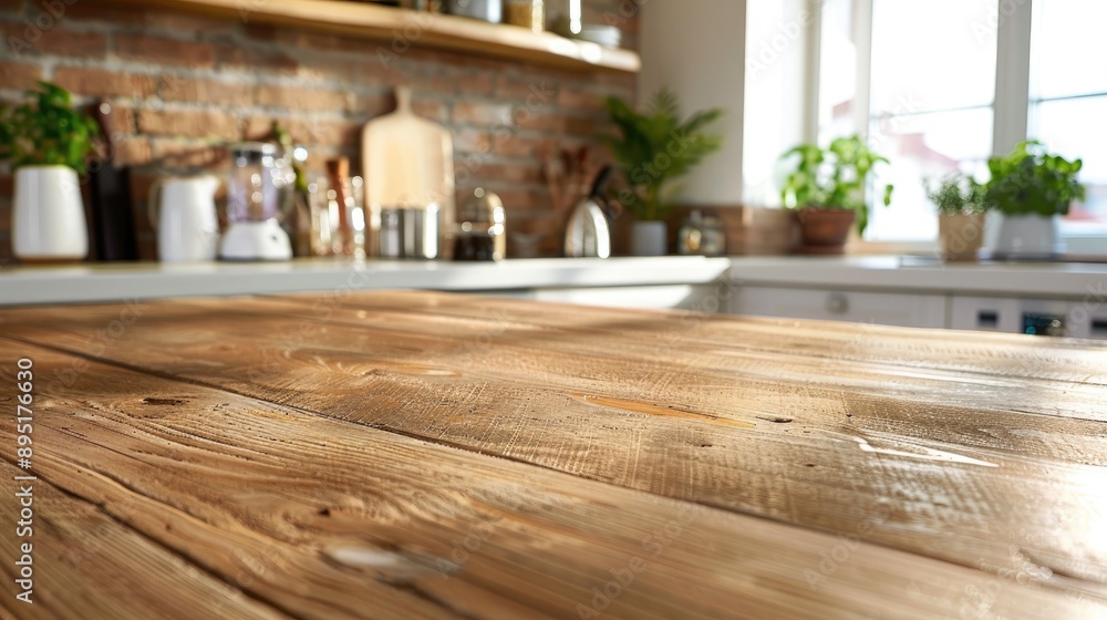 Selective focus on wooden table top with blurred kitchen counter background for showcasing products or designing visual layouts