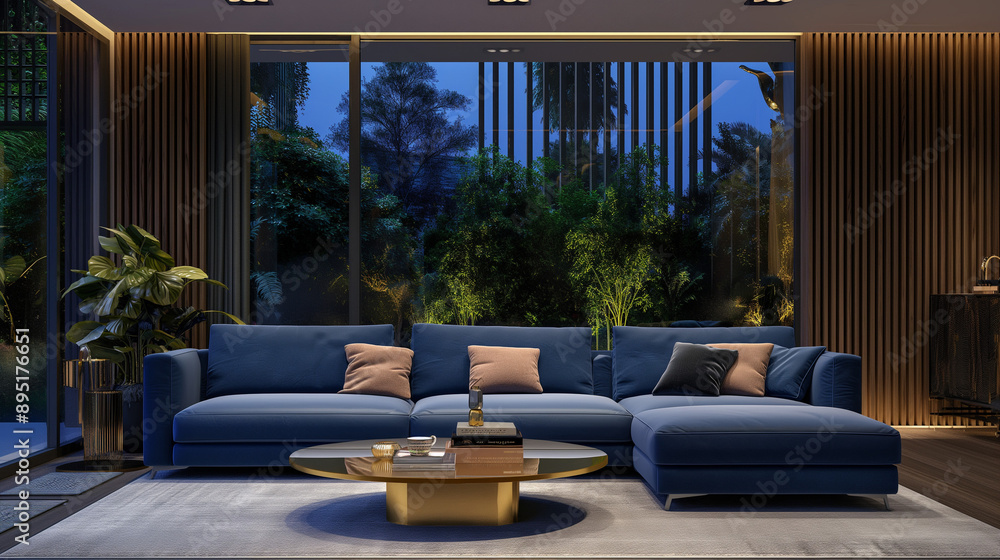 Fototapeta premium blue sofa with black lamp and pink bronze coffee table near dark wooden wall on floor 