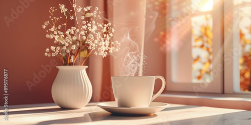 Wallpaper Mural A cup of hot latte coffee in a decorative interior in boho style creative poster background. Horizontal banner with a cup of coffee and free space for text. Raster digital illustration. AI artwork. Torontodigital.ca