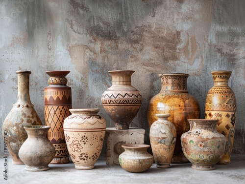 Traditional pottery pieces uniquely crafted and displayed together. photo