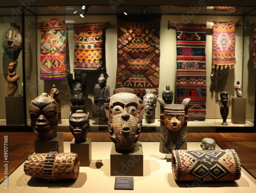 Various cultural relics like masks, pottery, and textiles in a museum exhibit. photo