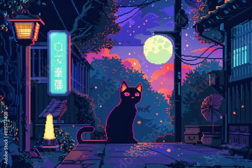 Pixel art illustration of a unique heterochromatic cat at night, with glowing street signs contributing to the whimsical and enchanting ambiance of the scene photo