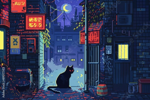 Pixel art illustration of a unique heterochromatic cat at night, with glowing street signs contributing to the whimsical and enchanting ambiance of the scene photo