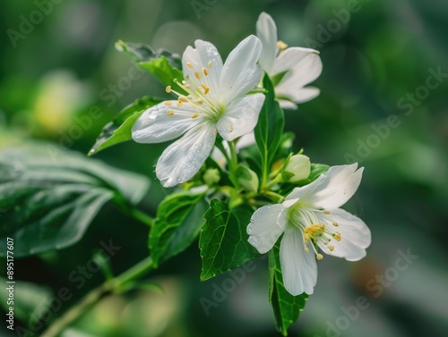 White flower with green leaves