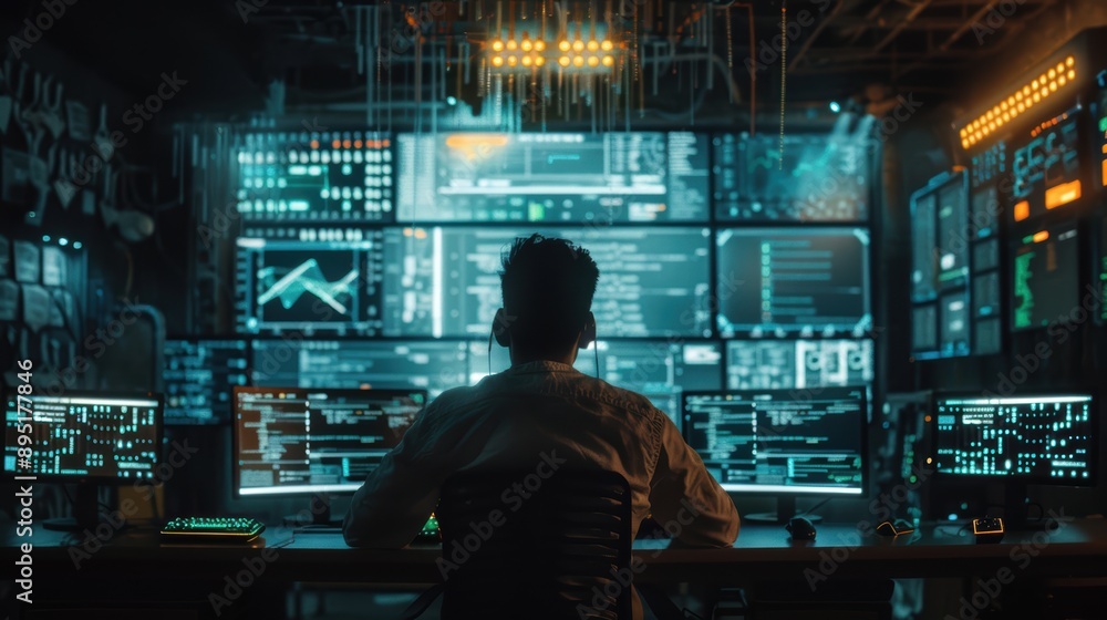 A cybersecurity expert in a dark room filled with multiple computer screens displaying data and maps. A cybersecurity expert in a dark room filled with multiple computer screens displaying data and maps.